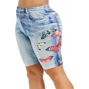 Hugossia Plus Size Women High Waist Bermuda Biker Shorts Denim Leggings Pants